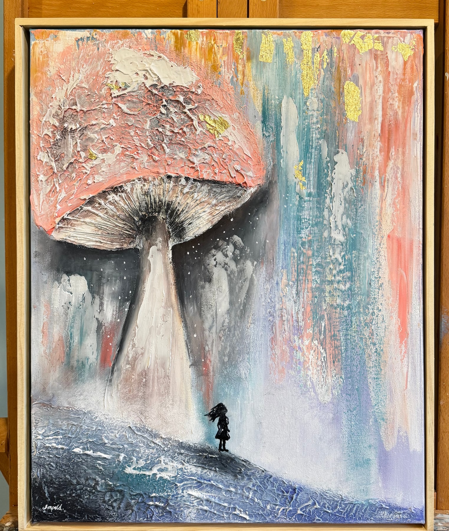 A tiny figure standing beneath an oversized coral mushroom, textured paint and gold leaf on canvas.